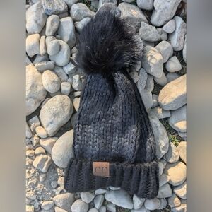 Black Foil Cuff Beanie with Faux Pom